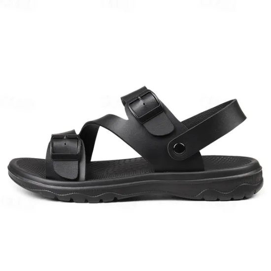 Discount OUKU Men's Black Faux Leather Sandals with Buckle Straps, Comfortable Casual Footwear for Summer and Outdoor Activities