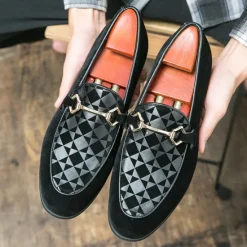 Best OUKU Men's Black Faux Suede Loafers with Geometric Pattern and Metal Buckle – Stylish Slip-On Dress Shoes for Formal Events and Parties