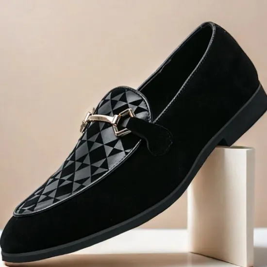 Best OUKU Men's Black Faux Suede Loafers with Geometric Pattern and Metal Buckle – Stylish Slip-On Dress Shoes for Formal Events and Parties