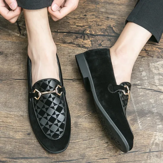 Best OUKU Men's Black Faux Suede Loafers with Geometric Pattern and Metal Buckle – Stylish Slip-On Dress Shoes for Formal Events and Parties