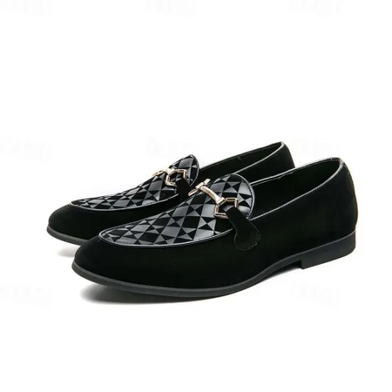 Best OUKU Men's Black Faux Suede Loafers with Geometric Pattern and Metal Buckle – Stylish Slip-On Dress Shoes for Formal Events and Parties