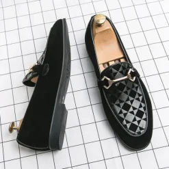 Best OUKU Men's Black Faux Suede Loafers with Geometric Pattern and Metal Buckle – Stylish Slip-On Dress Shoes for Formal Events and Parties