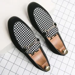 Best OUKU Men's Black Faux Suede Loafers with Geometric Pattern and Metal Buckle – Stylish Slip-On Dress Shoes for Formal Events and Parties