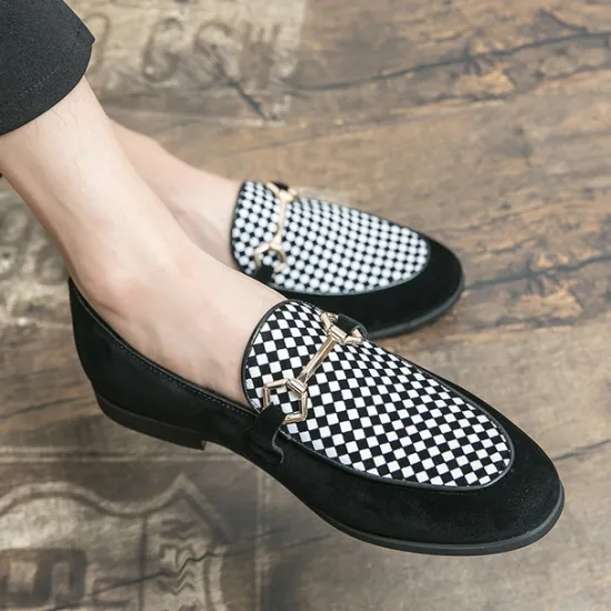 Best OUKU Men's Black Faux Suede Loafers with Geometric Pattern and Metal Buckle – Stylish Slip-On Dress Shoes for Formal Events and Parties