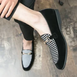 Best OUKU Men's Black Faux Suede Loafers with Geometric Pattern and Metal Buckle – Stylish Slip-On Dress Shoes for Formal Events and Parties