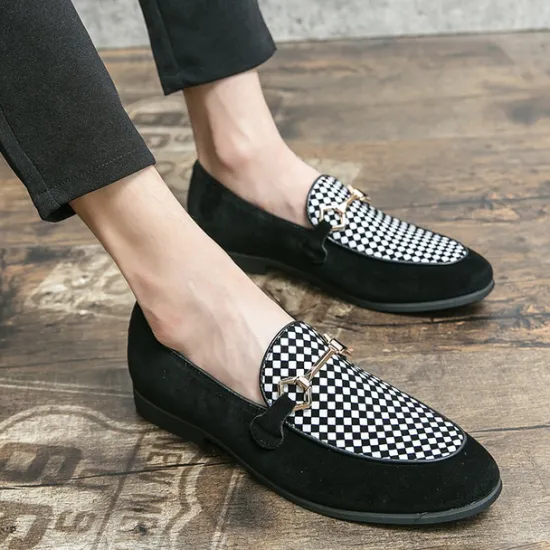 Best OUKU Men's Black Faux Suede Loafers with Geometric Pattern and Metal Buckle – Stylish Slip-On Dress Shoes for Formal Events and Parties