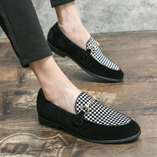 Best OUKU Men's Black Faux Suede Loafers with Geometric Pattern and Metal Buckle – Stylish Slip-On Dress Shoes for Formal Events and Parties