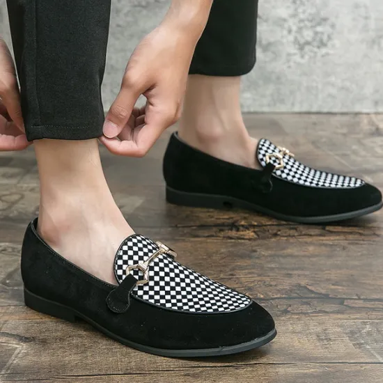 Best OUKU Men's Black Faux Suede Loafers with Geometric Pattern and Metal Buckle – Stylish Slip-On Dress Shoes for Formal Events and Parties