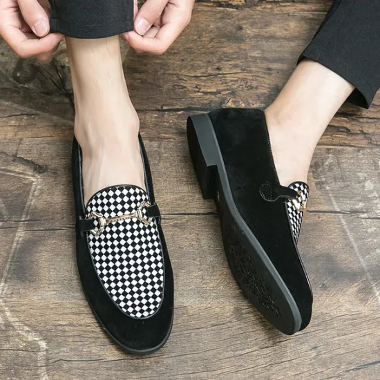 Best OUKU Men's Black Faux Suede Loafers with Geometric Pattern and Metal Buckle – Stylish Slip-On Dress Shoes for Formal Events and Parties