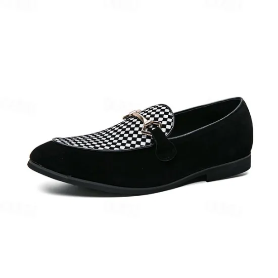 Best OUKU Men's Black Faux Suede Loafers with Geometric Pattern and Metal Buckle – Stylish Slip-On Dress Shoes for Formal Events and Parties