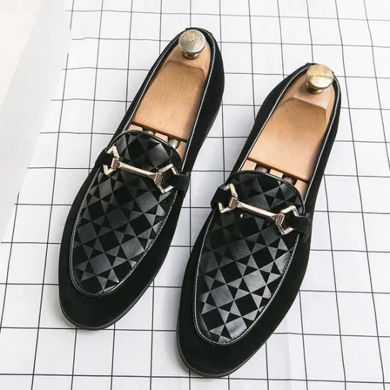 Best OUKU Men's Black Faux Suede Loafers with Geometric Pattern and Metal Buckle – Stylish Slip-On Dress Shoes for Formal Events and Parties