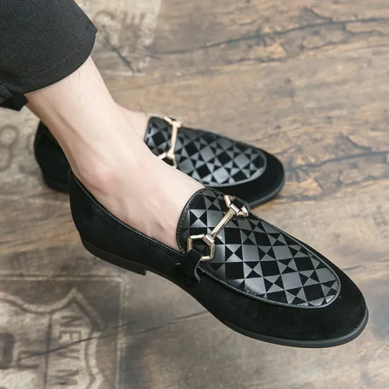 Best OUKU Men's Black Faux Suede Loafers with Geometric Pattern and Metal Buckle – Stylish Slip-On Dress Shoes for Formal Events and Parties