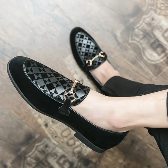 Best OUKU Men's Black Faux Suede Loafers with Geometric Pattern and Metal Buckle – Stylish Slip-On Dress Shoes for Formal Events and Parties