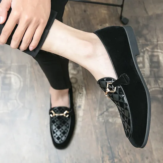 Best OUKU Men's Black Faux Suede Loafers with Geometric Pattern and Metal Buckle – Stylish Slip-On Dress Shoes for Formal Events and Parties