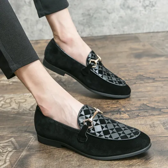 Best OUKU Men's Black Faux Suede Loafers with Geometric Pattern and Metal Buckle – Stylish Slip-On Dress Shoes for Formal Events and Parties