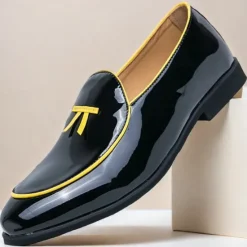 Outlet OUKU Men's Black Patent Faux Leather Loafers with Yellow Trim and Tassel Detail - Stylish Slip-On Shoes for Wedding, Formal Events and Parties