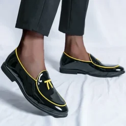 Outlet OUKU Men's Black Patent Faux Leather Loafers with Yellow Trim and Tassel Detail - Stylish Slip-On Shoes for Wedding, Formal Events and Parties