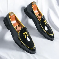 Outlet OUKU Men's Black Patent Faux Leather Loafers with Yellow Trim and Tassel Detail - Stylish Slip-On Shoes for Wedding, Formal Events and Parties