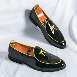 Outlet OUKU Men's Black Patent Faux Leather Loafers with Yellow Trim and Tassel Detail - Stylish Slip-On Shoes for Wedding, Formal Events and Parties