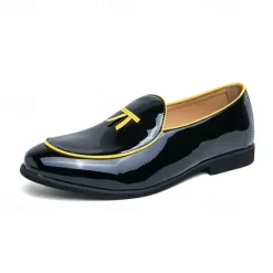 Outlet OUKU Men's Black Patent Faux Leather Loafers with Yellow Trim and Tassel Detail - Stylish Slip-On Shoes for Wedding, Formal Events and Parties