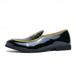 Outlet OUKU Men's Black Patent Faux Leather Loafers with Yellow Trim and Tassel Detail - Stylish Slip-On Shoes for Wedding, Formal Events and Parties