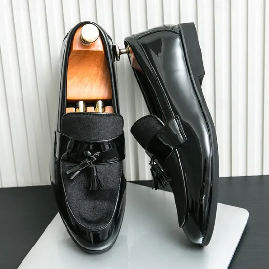 Online OUKU Men's Black Patent Faux Leather Tassel Loafers – Velvet Accent Slip-On Dress Shoes for Wedding and Formal Wear