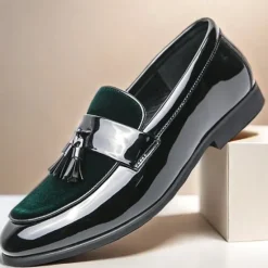 Online OUKU Men's Black Patent Faux Leather Tassel Loafers – Velvet Accent Slip-On Dress Shoes for Wedding and Formal Wear
