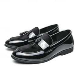 Online OUKU Men's Black Patent Faux Leather Tassel Loafers – Velvet Accent Slip-On Dress Shoes for Wedding and Formal Wear