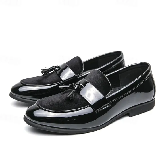 Online OUKU Men's Black Patent Faux Leather Tassel Loafers – Velvet Accent Slip-On Dress Shoes for Wedding and Formal Wear