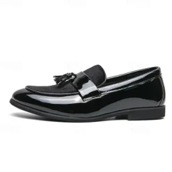 Online OUKU Men's Black Patent Faux Leather Tassel Loafers – Velvet Accent Slip-On Dress Shoes for Wedding and Formal Wear