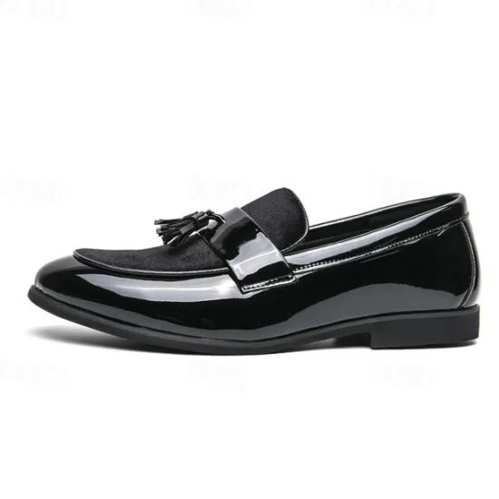 Online OUKU Men's Black Patent Faux Leather Tassel Loafers – Velvet Accent Slip-On Dress Shoes for Wedding and Formal Wear