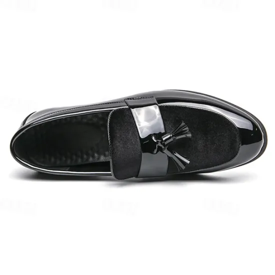 Online OUKU Men's Black Patent Faux Leather Tassel Loafers – Velvet Accent Slip-On Dress Shoes for Wedding and Formal Wear