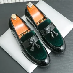 Online OUKU Men's Black Patent Faux Leather Tassel Loafers – Velvet Accent Slip-On Dress Shoes for Wedding and Formal Wear