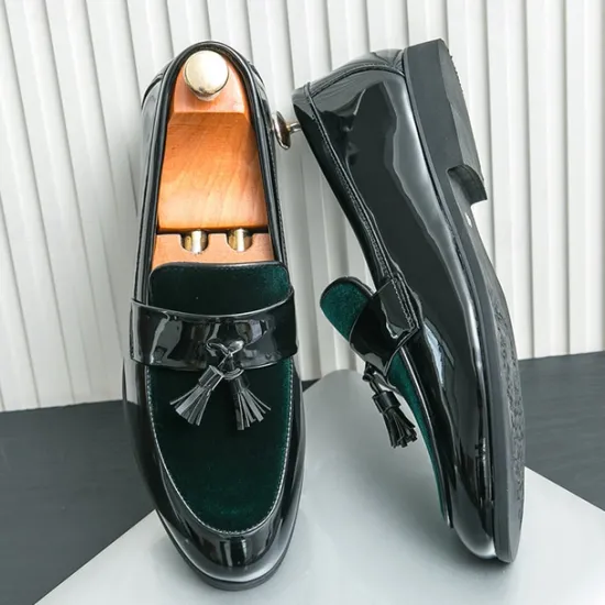 Online OUKU Men's Black Patent Faux Leather Tassel Loafers – Velvet Accent Slip-On Dress Shoes for Wedding and Formal Wear