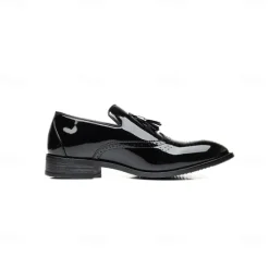 Best OUKU Men's Patent Leather Tassel Loafers – Sleek Formal Dress Shoes with Brogue Detailing Black