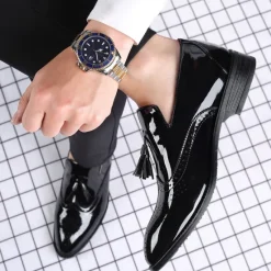 Best OUKU Men's Patent Leather Tassel Loafers – Sleek Formal Dress Shoes with Brogue Detailing Black