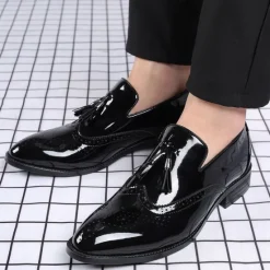 Best OUKU Men's Patent Leather Tassel Loafers – Sleek Formal Dress Shoes with Brogue Detailing Black