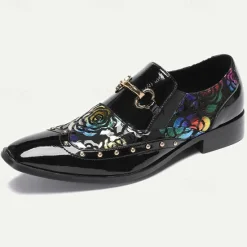 Clearance OUKU Men's Patent Leather Loafers with Gold Tip Floral and Metal Buckle–Premium Cowhide Formal Shoes for Weddings, Parties, and Special Occasions Black