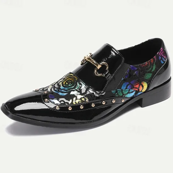 Clearance OUKU Men's Patent Leather Loafers with Gold Tip Floral and Metal Buckle–Premium Cowhide Formal Shoes for Weddings, Parties, and Special Occasions Black