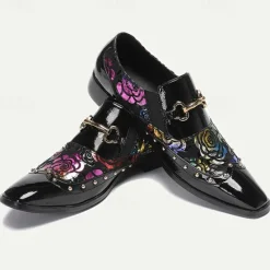 Clearance OUKU Men's Patent Leather Loafers with Gold Tip Floral and Metal Buckle–Premium Cowhide Formal Shoes for Weddings, Parties, and Special Occasions Black