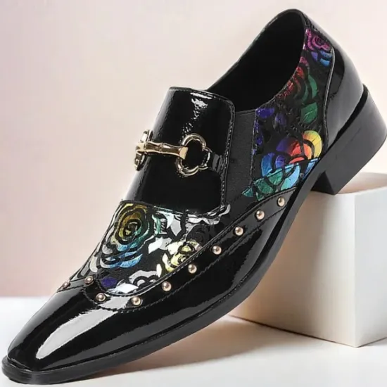 Clearance OUKU Men's Patent Leather Loafers with Gold Tip Floral and Metal Buckle–Premium Cowhide Formal Shoes for Weddings, Parties, and Special Occasions Black