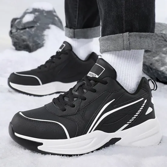 Hot OUKU Men's Black Running Sneakers with Fur Lining, Winter Warm Athletic Shoes for Outdoor Sports and Casual Wear