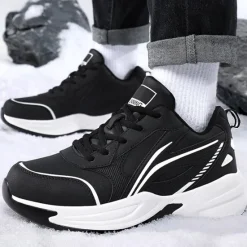 Hot OUKU Men's Black Running Sneakers with Fur Lining, Winter Warm Athletic Shoes for Outdoor Sports and Casual Wear
