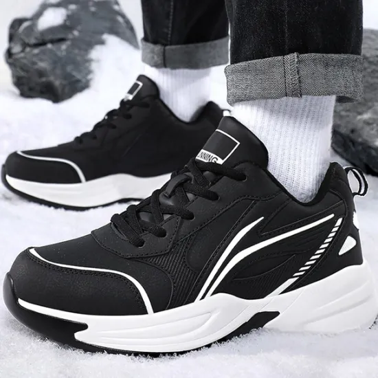 Hot OUKU Men's Black Running Sneakers with Fur Lining, Winter Warm Athletic Shoes for Outdoor Sports and Casual Wear
