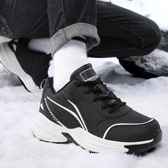 Hot OUKU Men's Black Running Sneakers with Fur Lining, Winter Warm Athletic Shoes for Outdoor Sports and Casual Wear