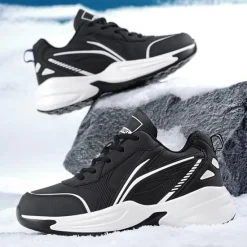 Hot OUKU Men's Black Running Sneakers with Fur Lining, Winter Warm Athletic Shoes for Outdoor Sports and Casual Wear