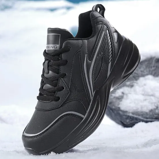 Hot OUKU Men's Black Running Sneakers with Fur Lining, Winter Warm Athletic Shoes for Outdoor Sports and Casual Wear