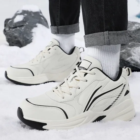 Hot OUKU Men's Black Running Sneakers with Fur Lining, Winter Warm Athletic Shoes for Outdoor Sports and Casual Wear