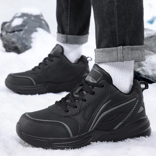Hot OUKU Men's Black Running Sneakers with Fur Lining, Winter Warm Athletic Shoes for Outdoor Sports and Casual Wear