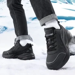 Hot OUKU Men's Black Running Sneakers with Fur Lining, Winter Warm Athletic Shoes for Outdoor Sports and Casual Wear